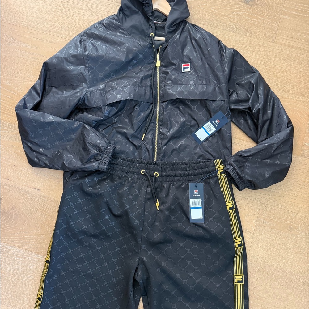 Fila Black Tracksuit with Yellow Trim and Subtle Monogram - jacket and shorts